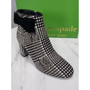 SZ 7 CALF HAIR Kate Spade Holly Houndstooth Black White Block Heel Ankle Boots